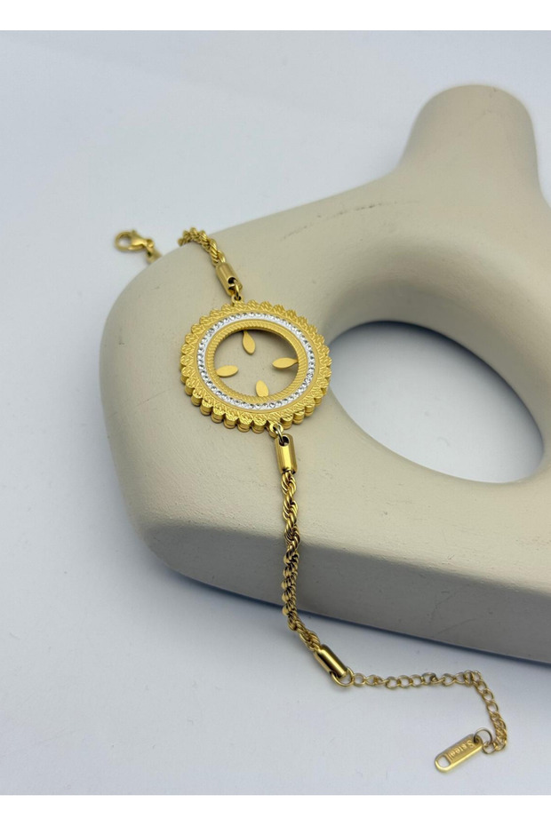Steel gold stone design quarter bracelet - 26blk24