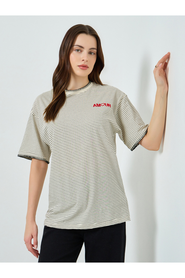 Women Beige Striped Embroidered T-Shirt