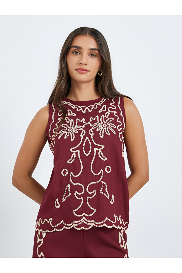 Women Burgundy Sleeveless Embroidered Blouse