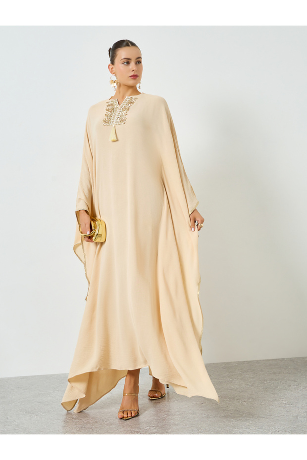 Beige Embroidered Tassel Detail Kaftan