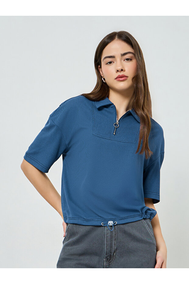 Navy Blue Relaxed Polo T-Shirt with Toggle Detail