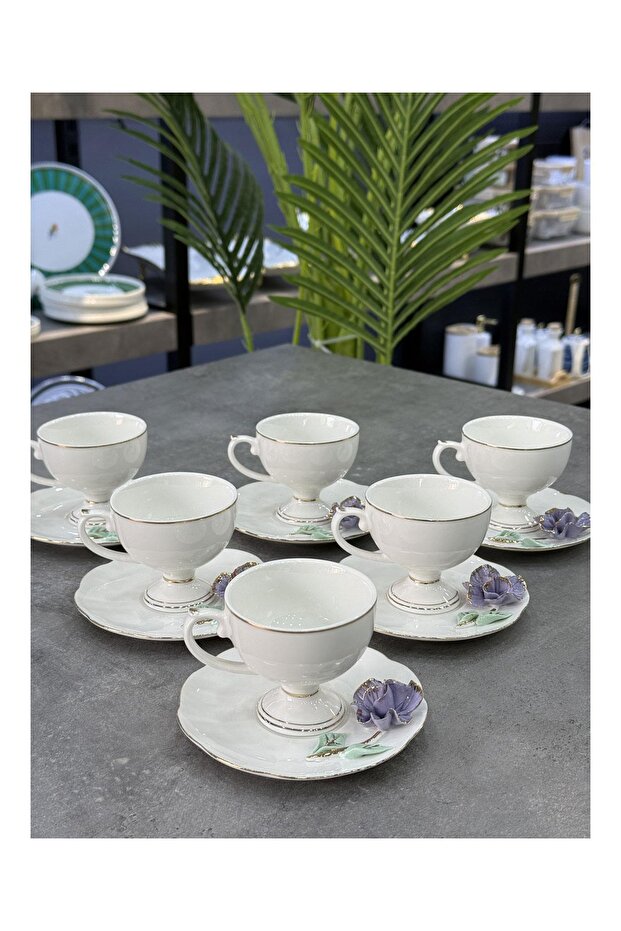 Luxury Porcelain White Detailed Cup Set Purple
