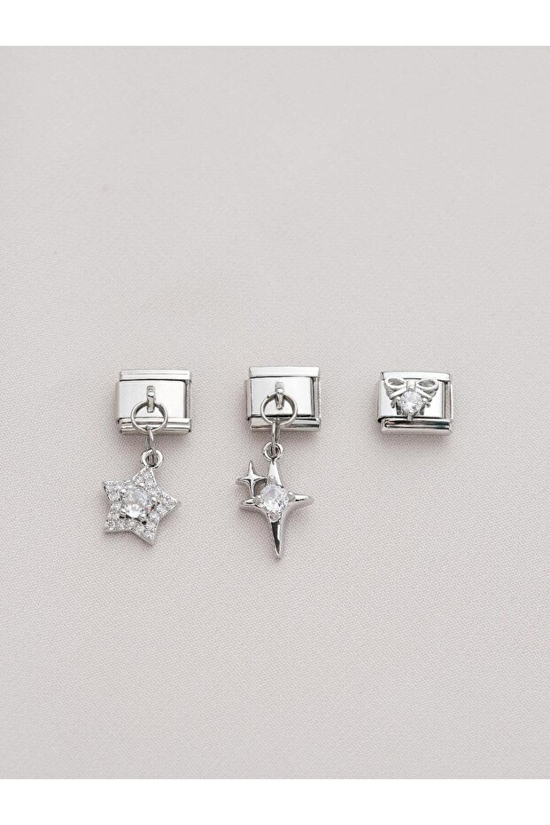 Triple stone star figure steel italian charm