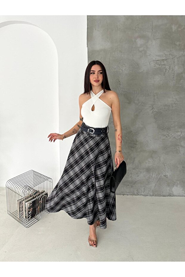 Women's Long Flared Plaid Skirt with Belt – Modern Take on Timeless Elegance