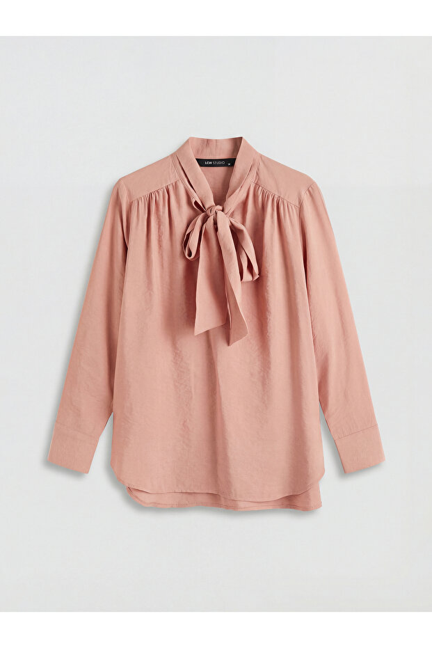 New Season Pink Scarf Collar Gathered Oversize Blouse by Güli̇s Gi̇yi̇m