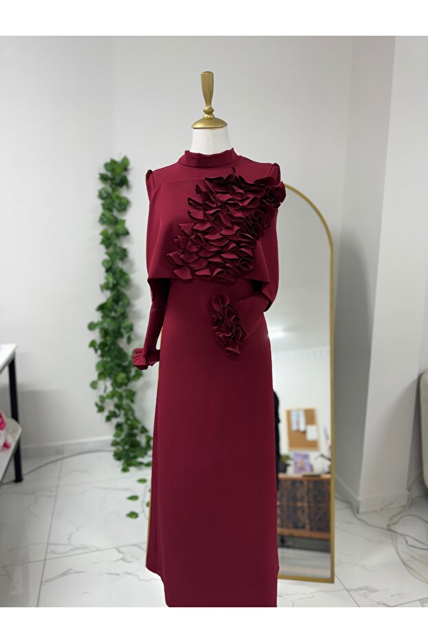 Güllü Bordo Elbise - 3