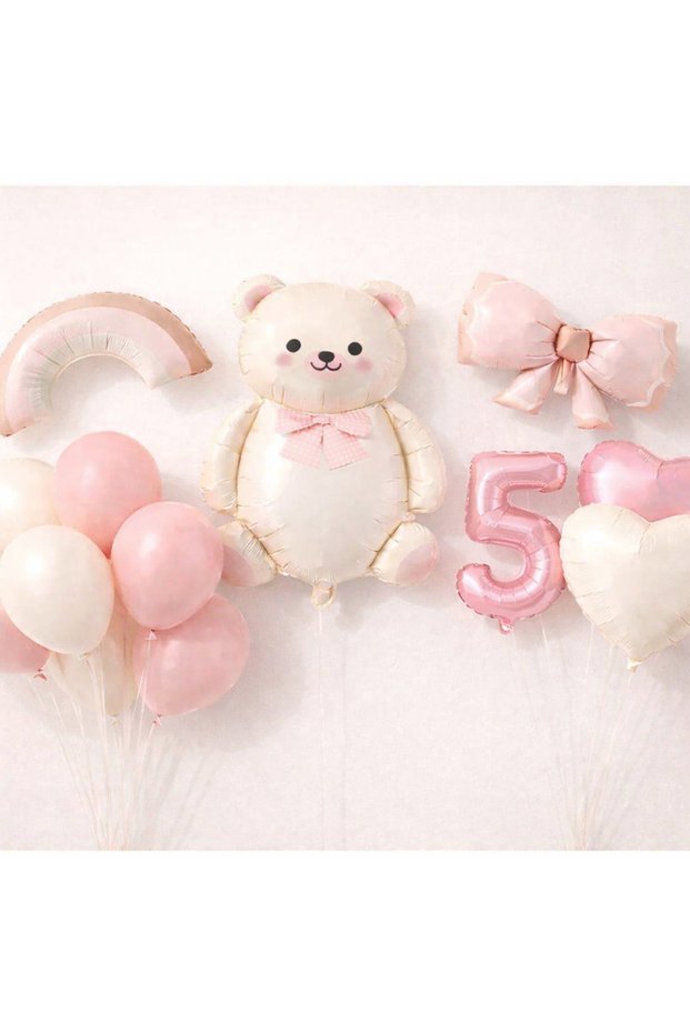 Girl Bear Birthday Concept 16 Pieces with Rainbow Bow, Heart and Number Balloons