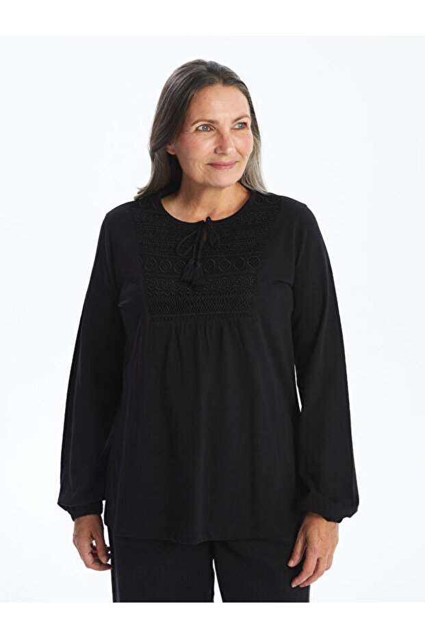 Tie Collar Embroidered Women's Blouse