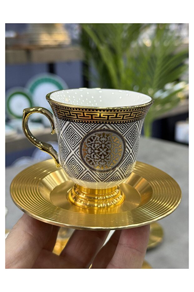 Luxury Porcelain 6-Piece Cup Set with Metal Plates