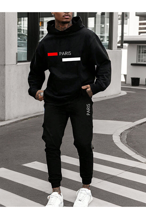Men's Mix Printed Comfortable Fit Hooded Pocket Top Jogger Elastic Cuff Bottom Tracksuit Set