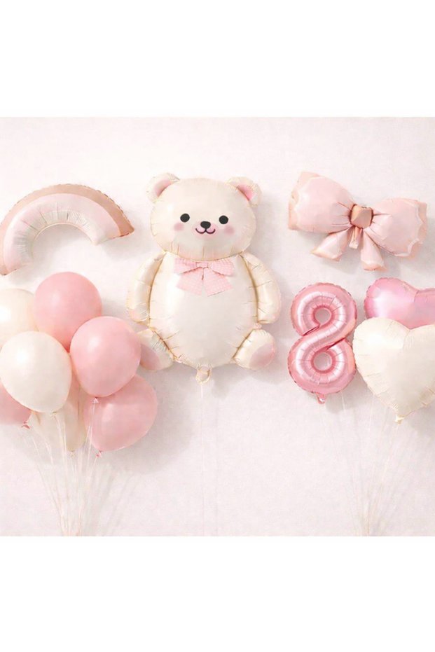 Girl Bear Birthday Concept 16 Pieces with Rainbow Bow, Heart and Number Balloons