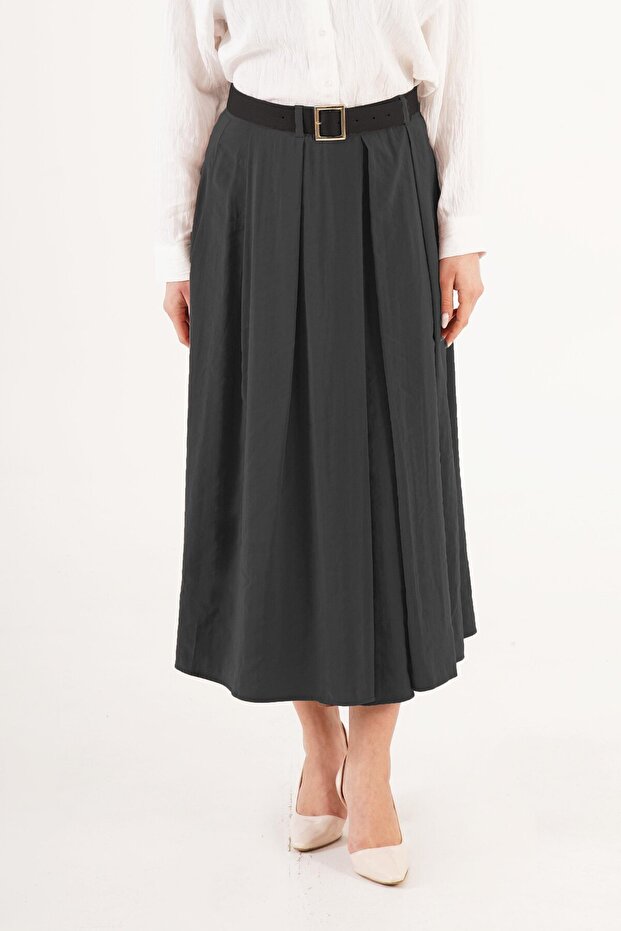 Modal Pile Detailed Belted Black Skirt