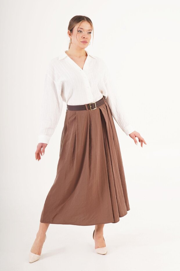 Modal Pile Detailed Belted Brown Skirt