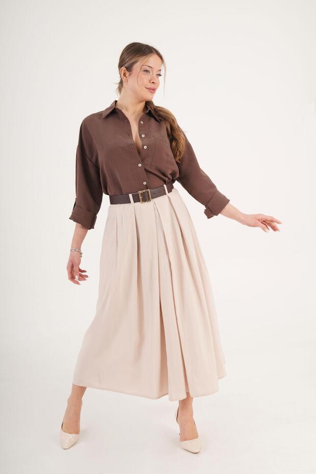 Modal Pile Detailed Belted Beige Skirt
