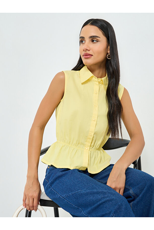Yellow Sleeveless Peplum Cotton Shirt
