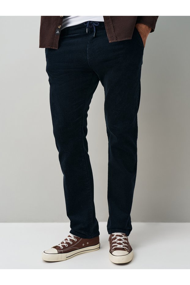 Dark Navy Blue Velvet Corduroy Chino Trousers with Elastic Waistband