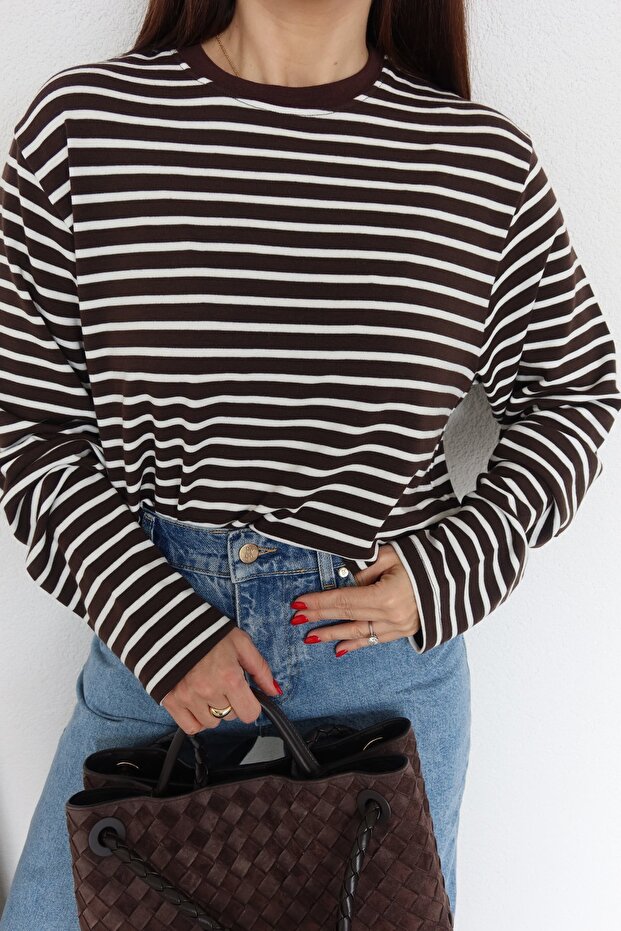 Çizgili Oversize Basic Sweat - 2