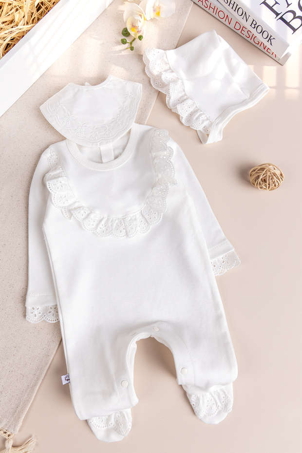100% Cotton Baby Girl Jumpsuit with Scalloped Hat, Cream