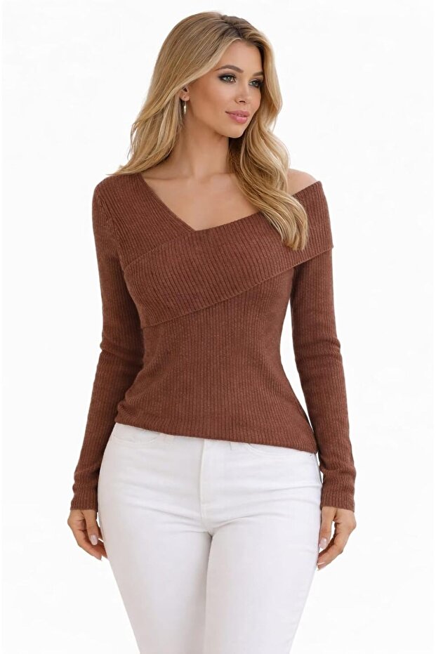 Women’s Ribbed Knit Off-Shoulder Top – Long Sleeve Elegant Casual Blouse – One Size – Italia