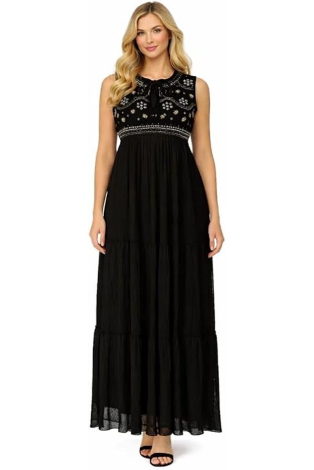 Women's Elegant Embroidered Maxi Dress – Sleeveless Round Neck Evening & Occasion Long Dress – L