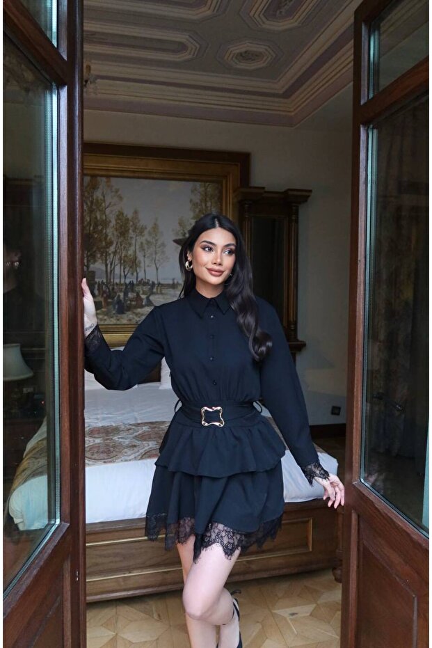 Double Fabric Belted Lace Detail Mini Shirt Dress