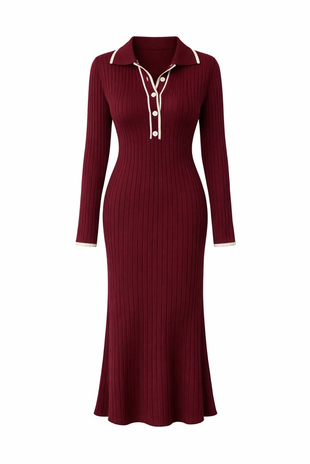 Polo Collar Button Detailed Maxi Long Length Premium Knitwear Dress