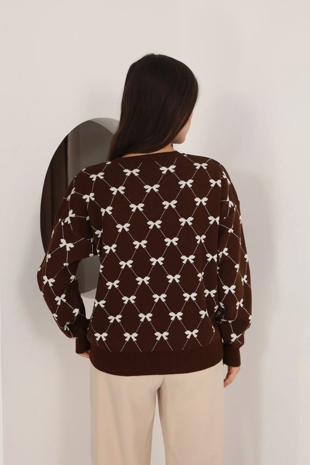 Round Crew Neck Bow Tie Bowknot Argyle Jacquard Long Sleeve Standard Fit Knitwear Sweater