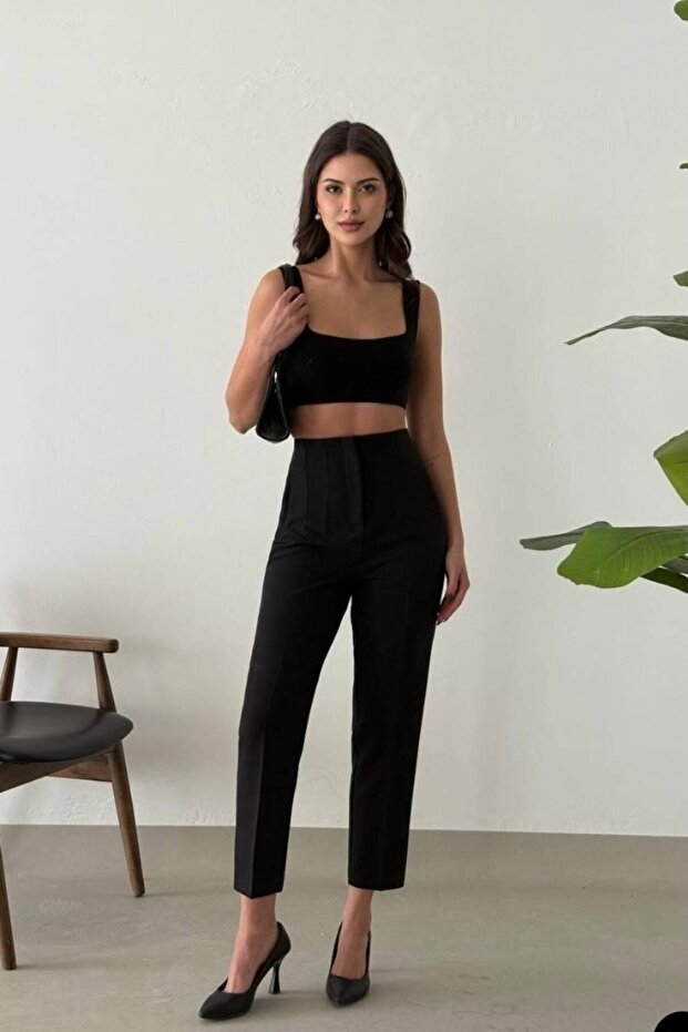 High Waist Zipper Closure Front Pocket Ankle Length Carrot Cut Summer Fabric Tight Fitted Pants