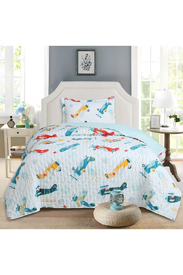 Uçak Stone Wash Micro Soft Printed Single Bedspread