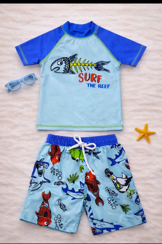 New Season Cute Character Printed Two-Piece Diving Fabric -Uv Protected-Boy'S-Shorts-Swimsuit