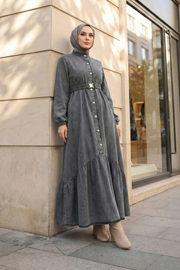 Rubber Belt Detailed Buttoned Long Denim Dress Smoked - Smoked