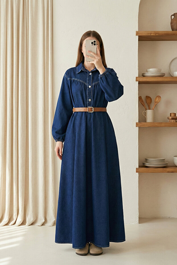 Long Denim Dress with Rubberized Sleeves and Buttons, Navy Blue