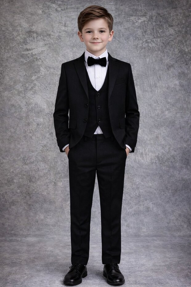 Boy's Black Suit 5 Piece Set – Groom's Suit, Wedding, Graduation, Special Occasion Combination (Jacket +