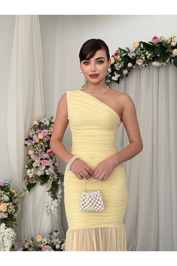 Tek Omuz Transparan Maxi Elbise - 4