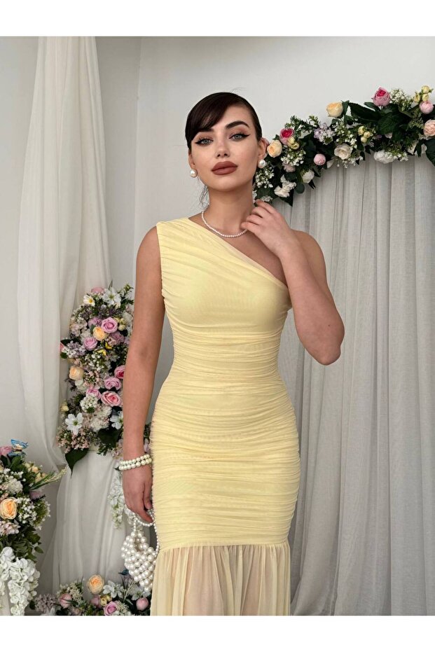 Tek Omuz Transparan Maxi Elbise - 6