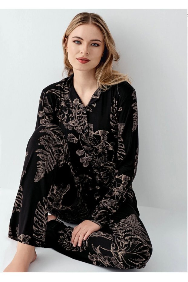 Women's Modal Cotton Shirt Collar Pajama Set, Features Pocket Detail