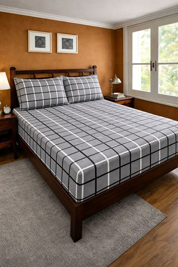 Ranforce Plaid Patterned Fabric Elastic Bed Sheet Set / Double Size 160X200