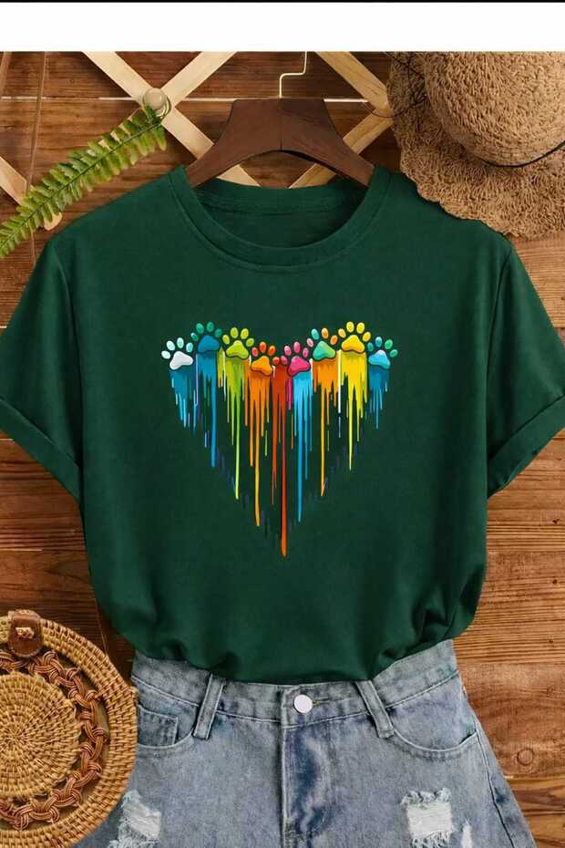Paw Heart Printed Green Unisex T-Shirt