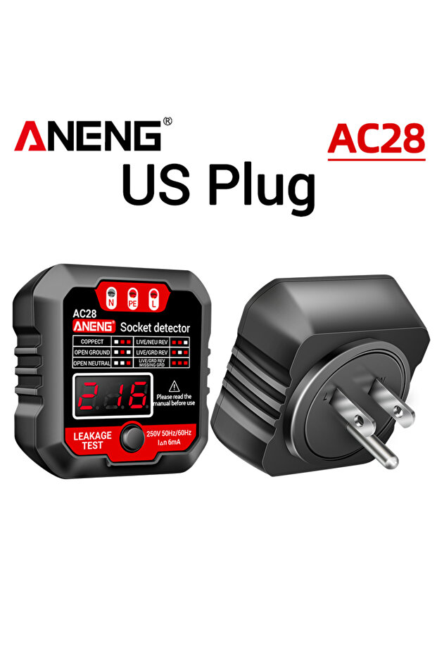 جهاز اختبار المقابس الرقمي ANENG AC28 (أسود) بقابس أمريكي، لفحص الجهد والتيار 6 مللي أمبير و30 مللي أمبير، وفحص القطبية والطور، جهاز ذكي