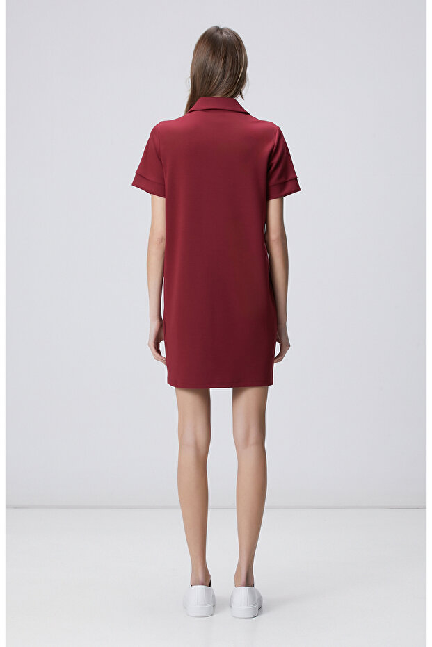 Vişne Kısa Kol Polo Yaka Mini Boy Örme Elbise - 5