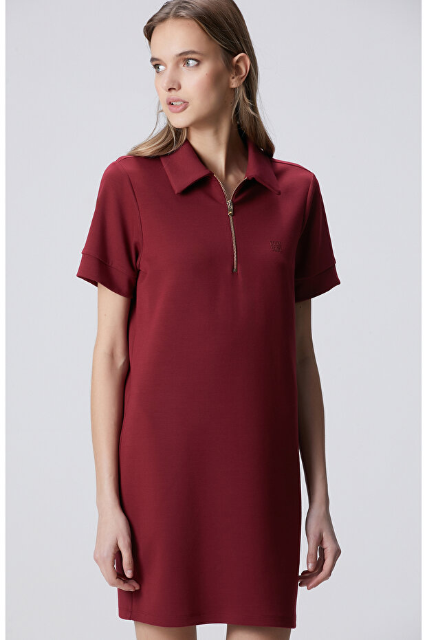 Vişne Kısa Kol Polo Yaka Mini Boy Örme Elbise - 3