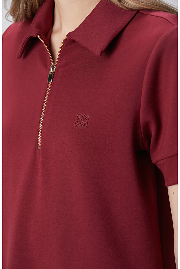 Vişne Kısa Kol Polo Yaka Mini Boy Örme Elbise - 6