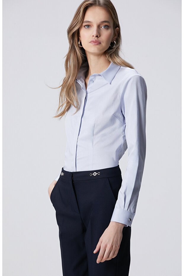 Açık Mavi Pamuk Saten Basic Gömlek - 4