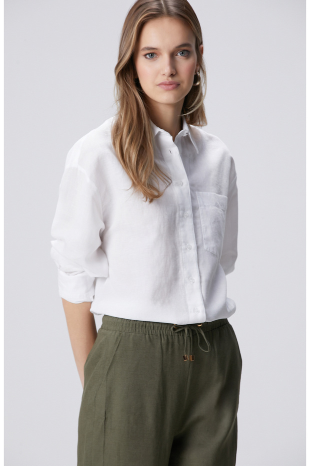 Beyaz Cep Detaylı Keten Mix Basic Gömlek - 4