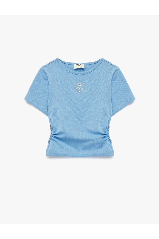 Crew Neck Slim Fit Heart-Stone Embellished Drawstring Detailed Cotton Short Sleeve Crop Blouse