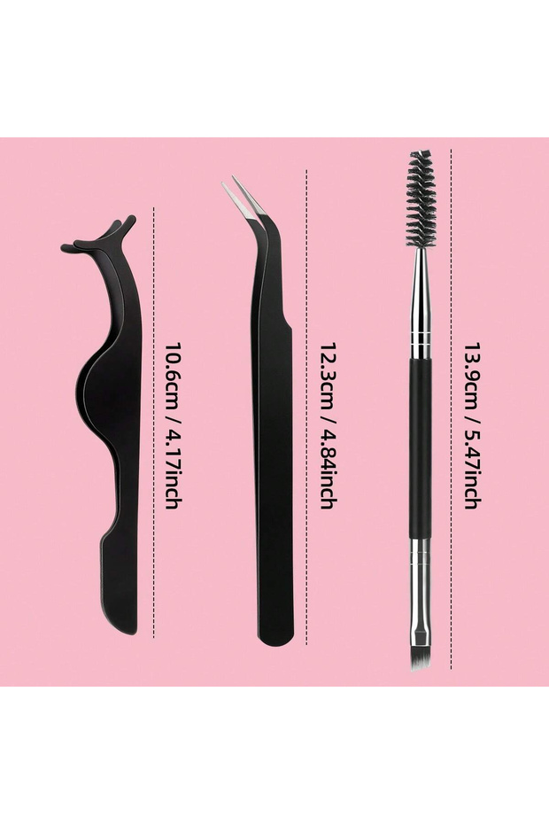 3Pcs-Black 3Pcs With Box, Curved Tip Tweezers, Lash Curler And Lash Brush, Combination Of Curved Twe