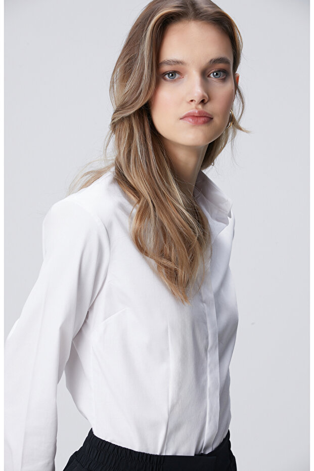 Beyaz Pamuk Saten Basic Gömlek - 2