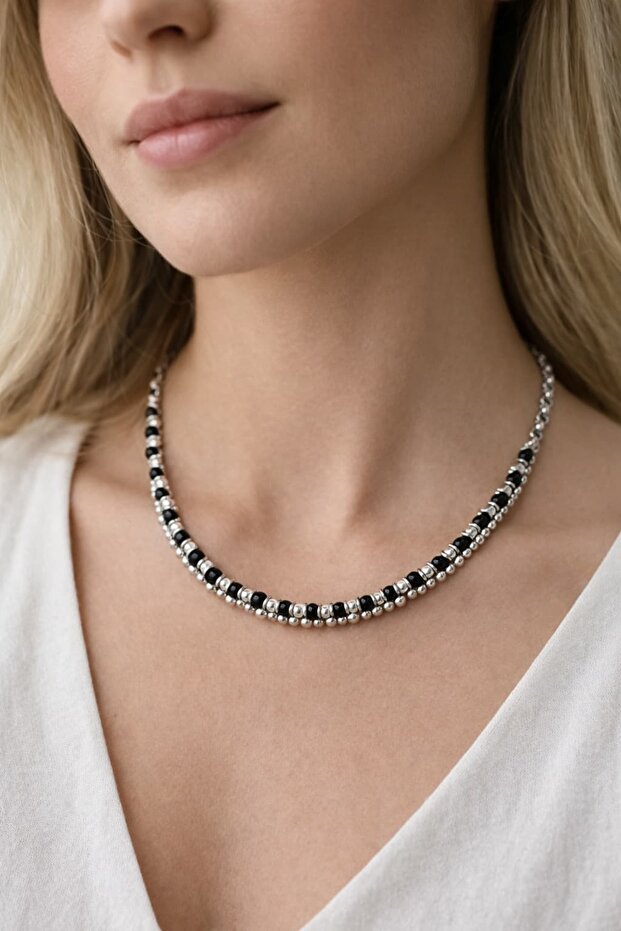 Black Bead Detailed Silver Tone Handmade Choker Necklace