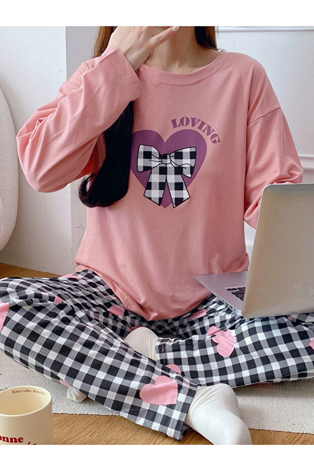 Pink Heart Long Sleeve T-Shirt and Checked Pyjama Set