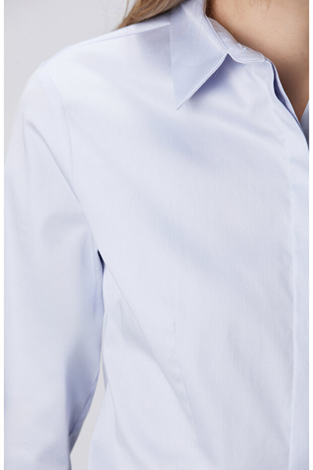 Açık Mavi Pamuk Saten Basic Gömlek - 6